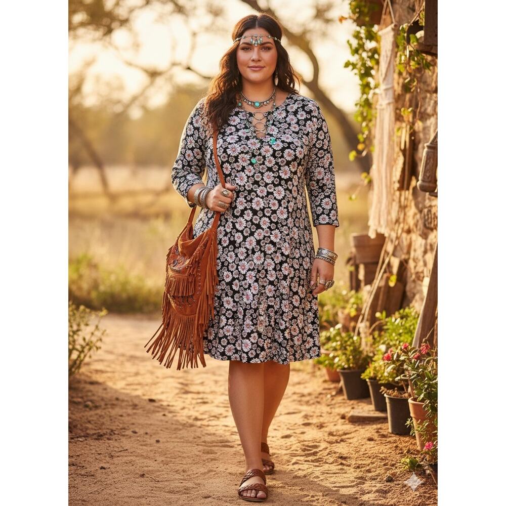 MSK Petite Navy Blue Stretch Boho Floral Dress With Lining SZ PL‎